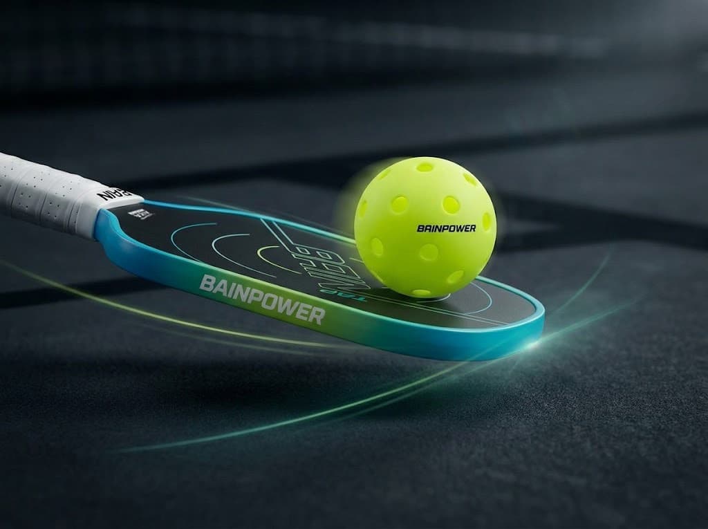 Athlete mid-rally under night court lights with a BainPower paddle