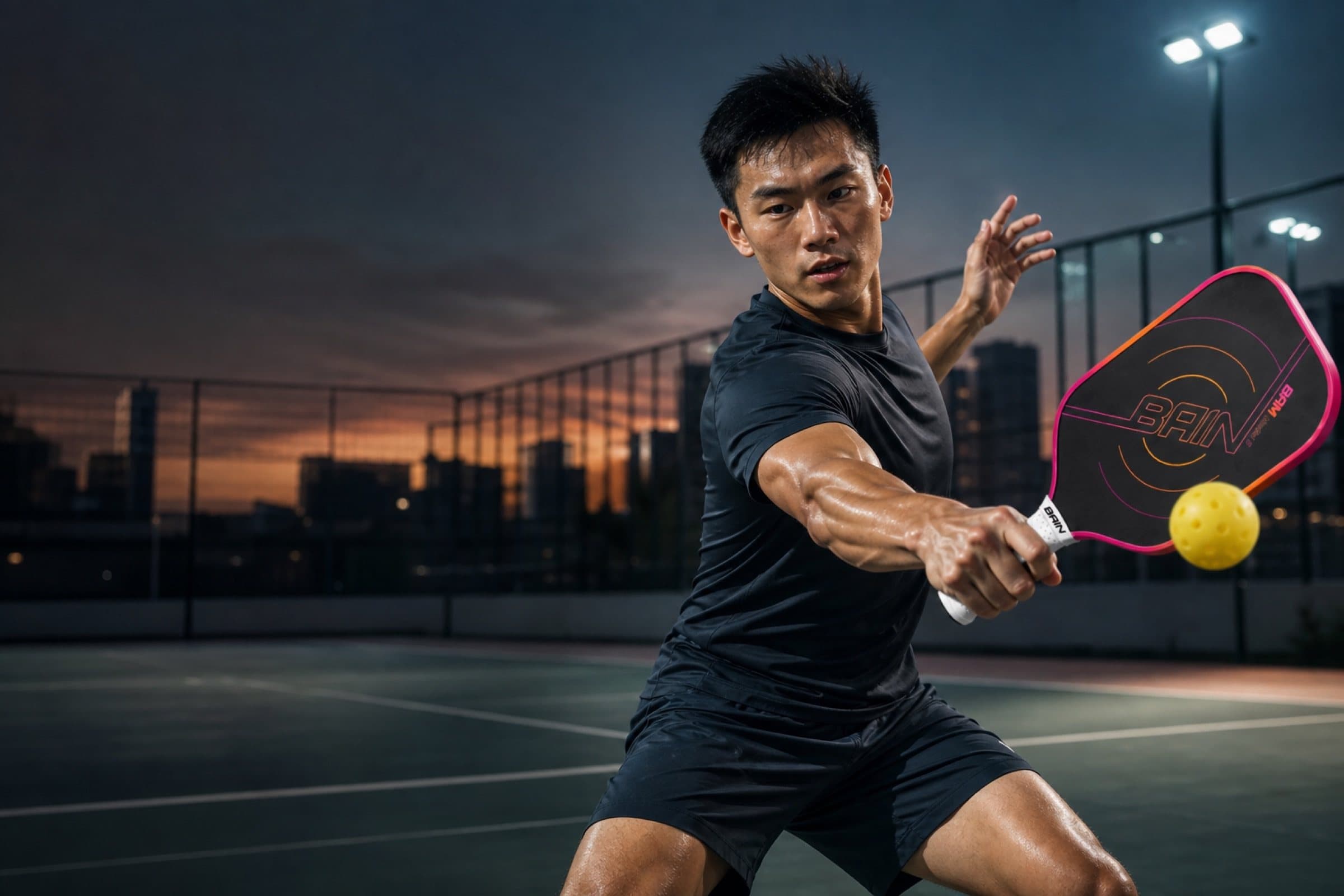Player mid-swing with a BainPower BAM paddle on an outdoor court