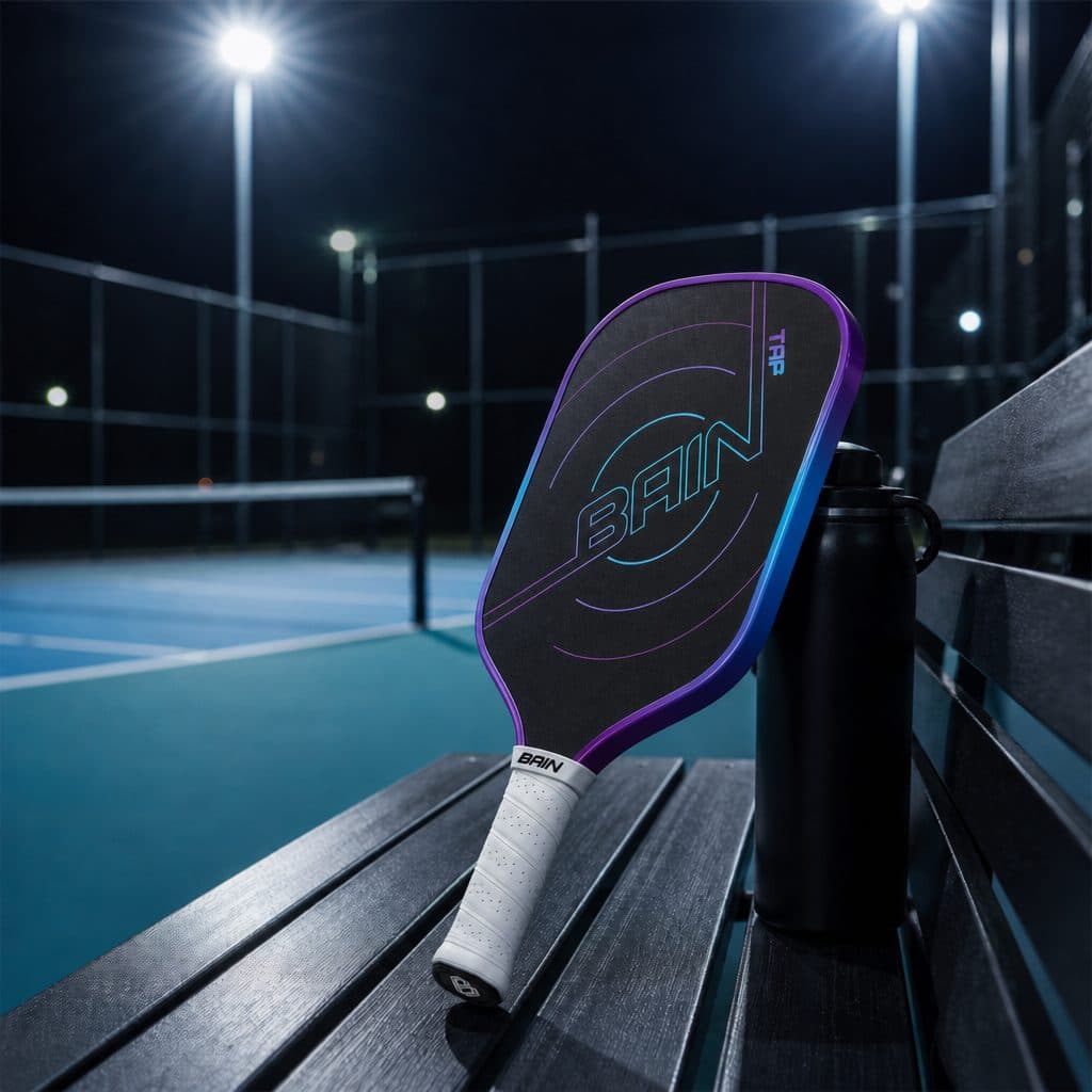 TAP paddle leaning on a courtside bench under night floodlights